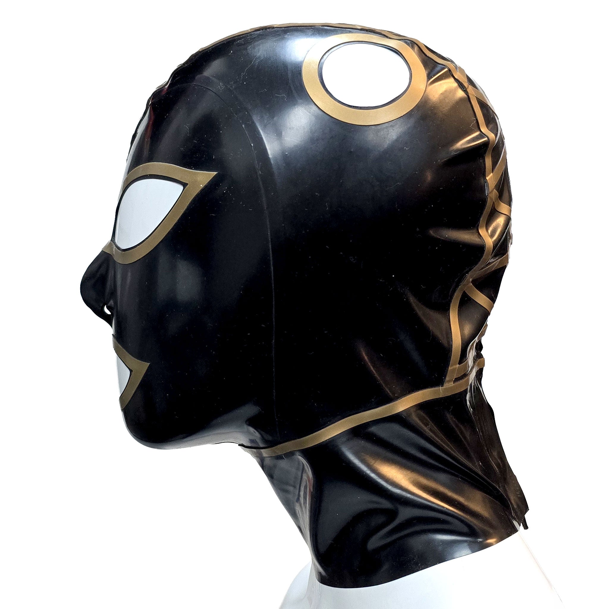 Criss-Cross Hatch Trimmed Latex Hood with 2 Hair Pull Holes