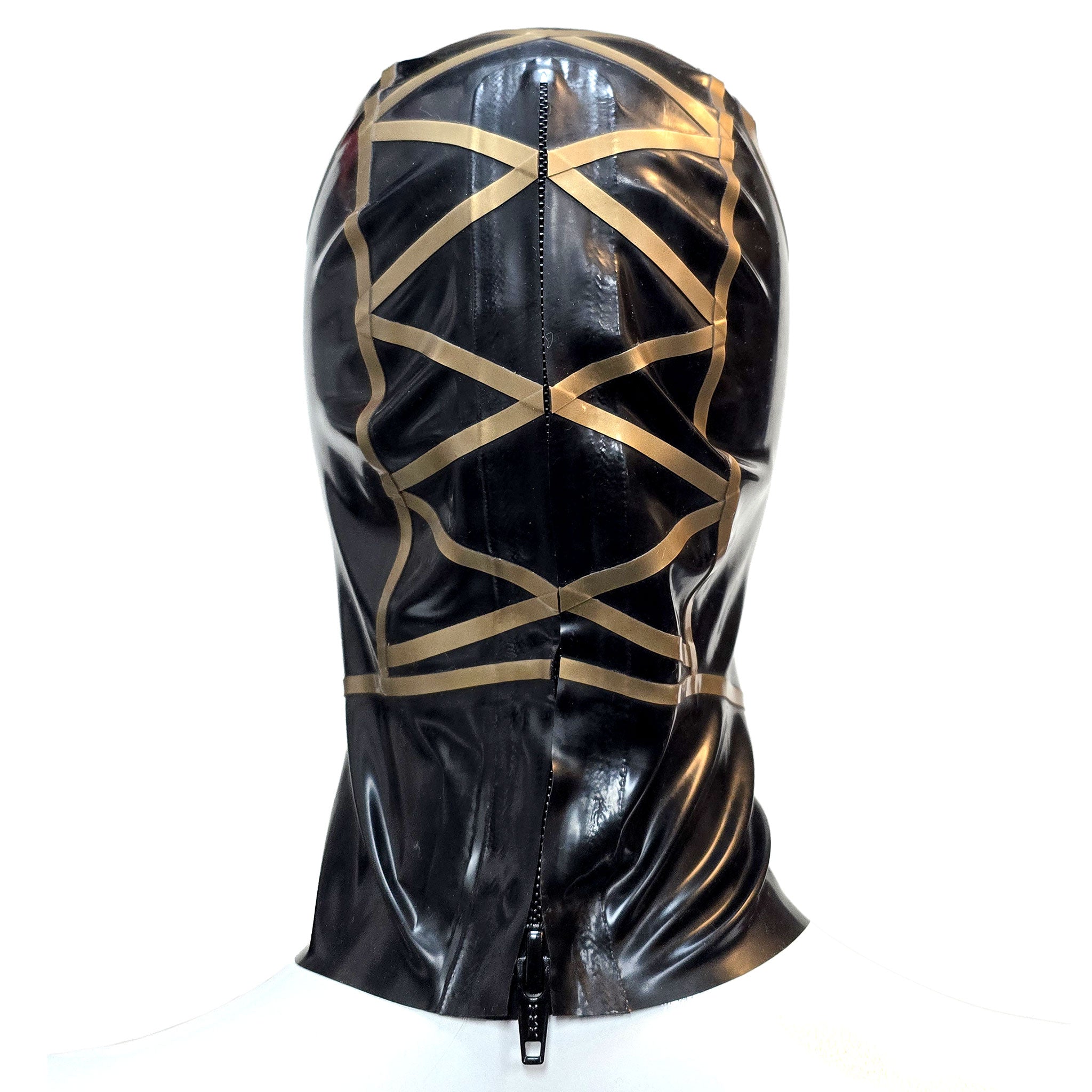 Criss-Cross Hatch Trimmed Latex Hood with 2 Hair Pull Holes