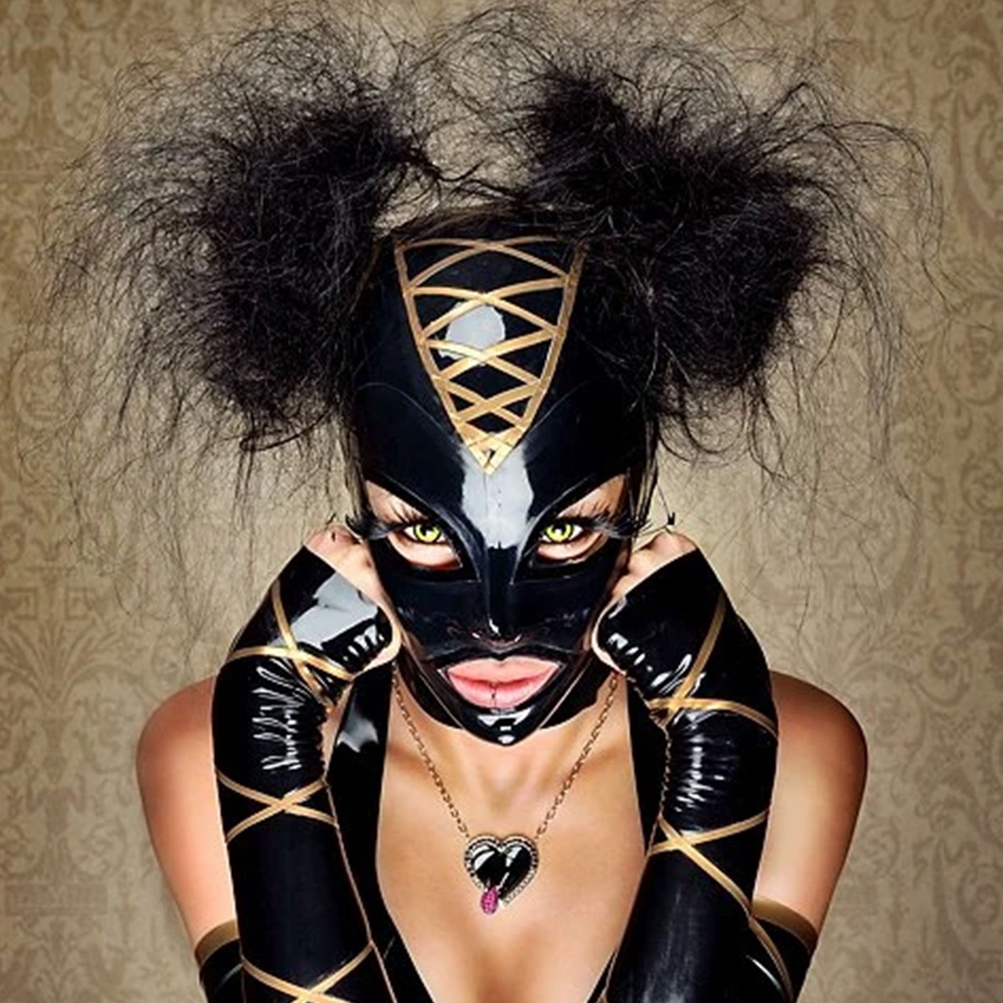Criss-Cross Hatch Trimmed Latex Hood with 2 Hair Pull Holes