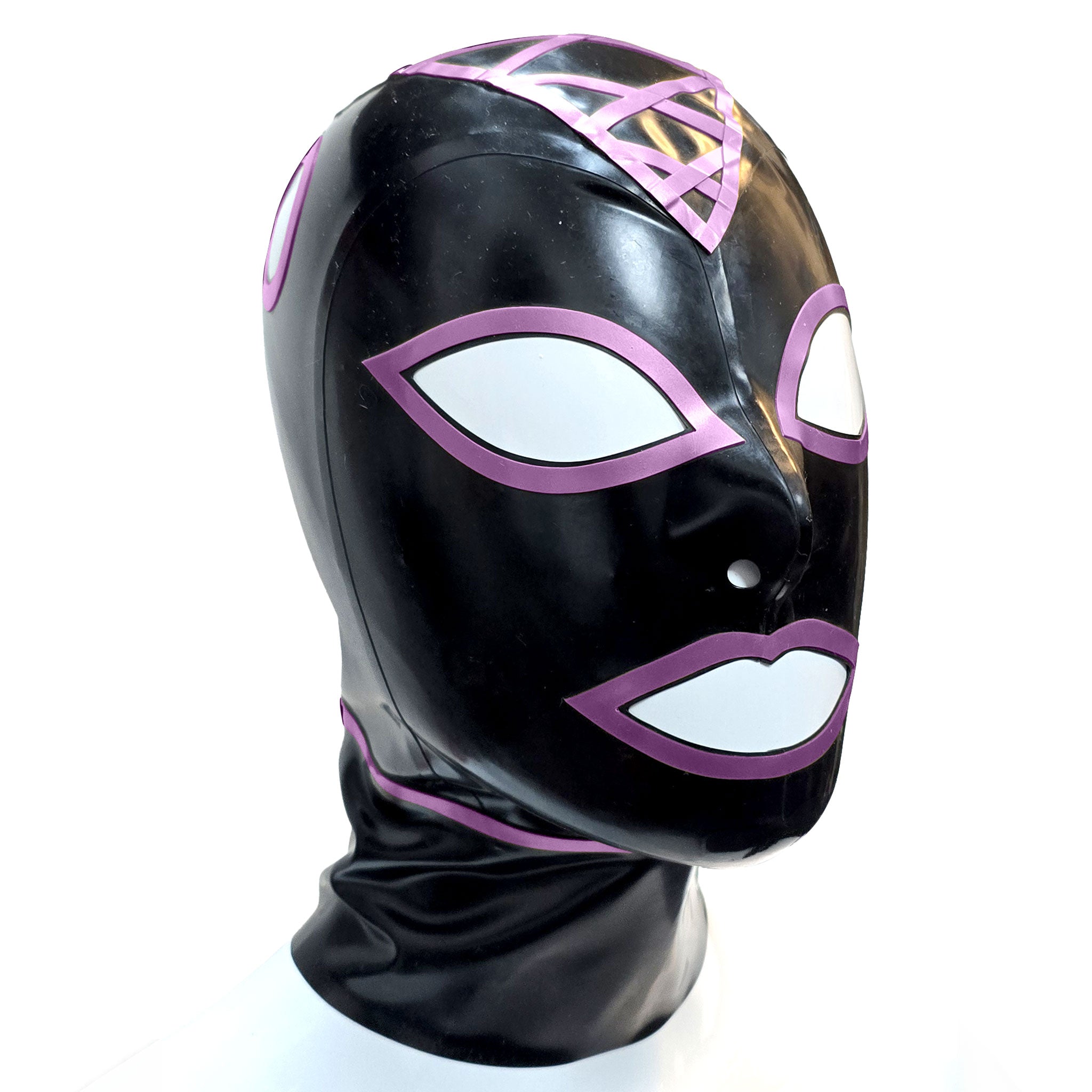 Criss-Cross Hatch Trimmed Latex Hood with 2 Hair Pull Holes