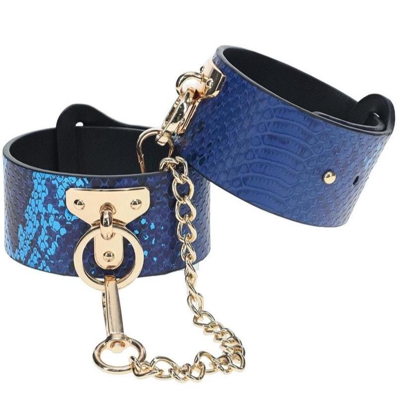 blue matte metallic croc ankle cuffs bonded leather adjustable iridescent hardware