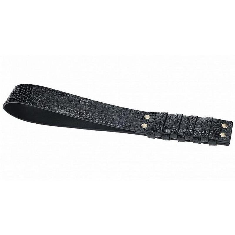 Black croc leather paddle, BDSM black croc slapper, Rome collection paddle with iridescent hardware, PU leather impact toy, black croc paddle Fetish Factory, BDSM leather slapper, black croc paddle for impact play, luxurious black leather slapper, black croc paddle with stylish accents.