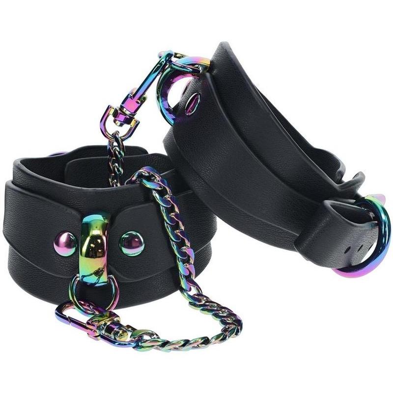 Venice Rainbow Hardware Wrist Cuffs, black wrist cuffs, iridescent hardware, BDSM cuffs, luxury cuffs, adjustable wrist restraints.