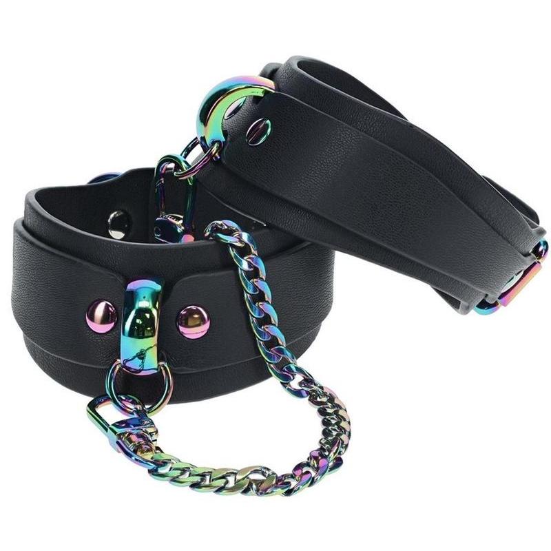 Venice Rainbow Hardware Ankle Cuffs, black ankle cuffs, iridescent hardware, BDSM cuffs, luxury cuffs, adjustable ankle restraints.