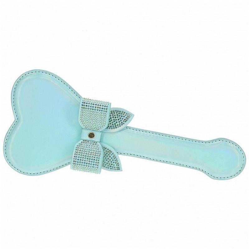 Paris Blue Rhinestone Bow Heart Paddle, bonded leather paddle, rhinestone bow paddle, BDSM paddle, Fetish Factory