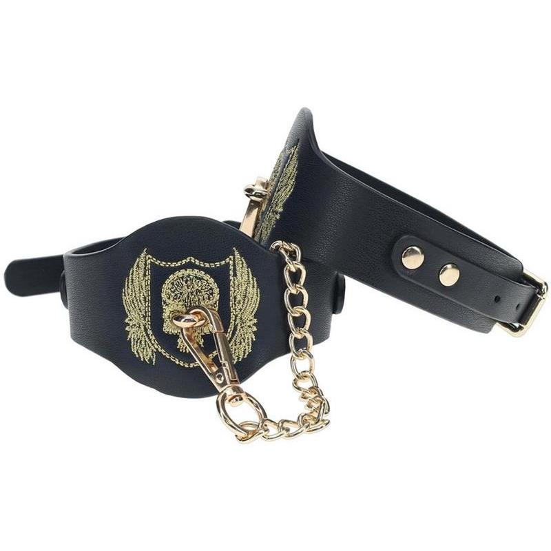 Gold embroidery London ankle cuffs black, dark bondage accessory, heavy play restraint