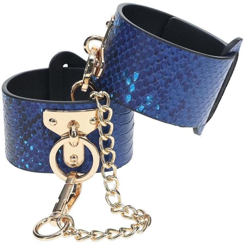 Florence matte metallic croc handcuffs blue, stylish cuffs, bondage accessory, playful kink