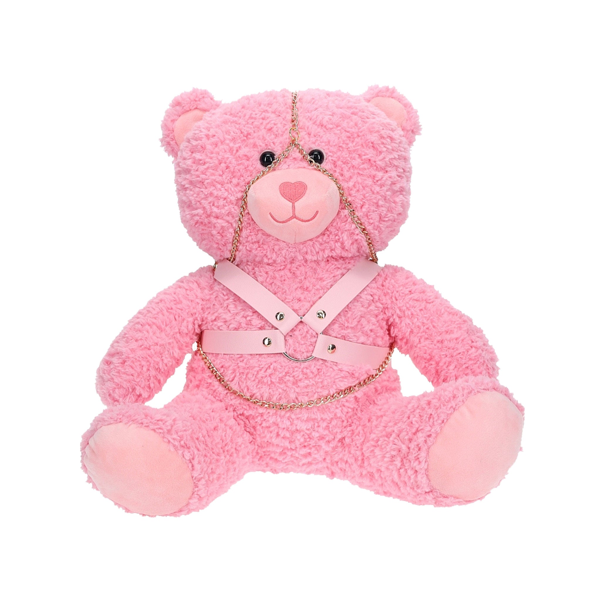 Fuzzy bondage bear leash chain PU leather harness cute plush bondage toy playful kink accessory valentines gift pink