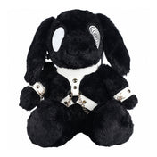 Short plush plushie luggage bag backpack stuffed cotton bunny psych psycho PU leather straps adjustable bondage bdsm kink edgy unique spacious interior accessories gift black white