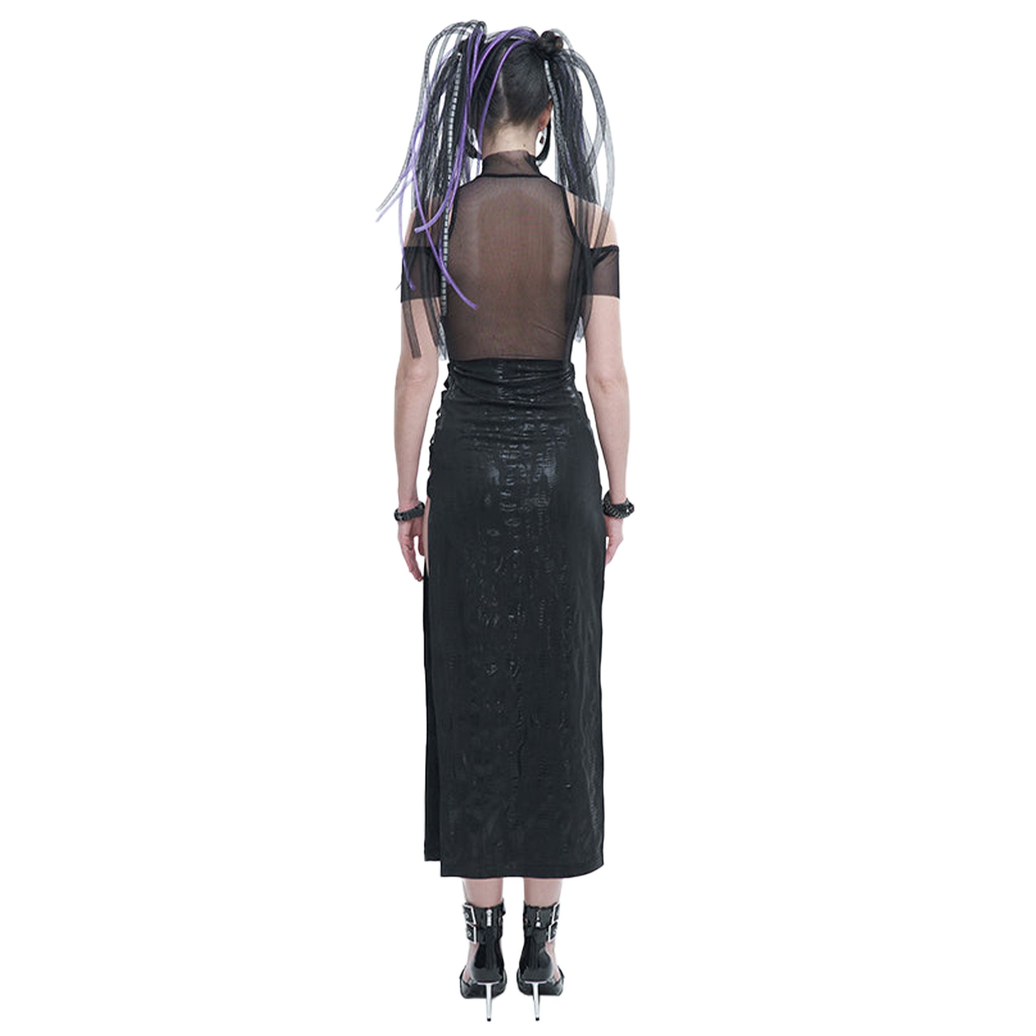 Sheer mesh dress maxi high mock neck dark fashion goth gothic asian chinese style side-slit side slit hook-and-eye closure slant off-shoulder rubberized wetlook sophisticated halloween casual black