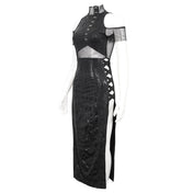 Sheer mesh dress maxi high mock neck dark fashion goth gothic asian chinese style side-slit side slit hook-and-eye closure slant off-shoulder rubberized wetlook sophisticated halloween casual black