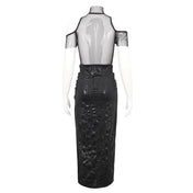 Sheer mesh dress maxi high mock neck dark fashion goth gothic asian chinese style side-slit side slit hook-and-eye closure slant off-shoulder rubberized wetlook sophisticated halloween casual black