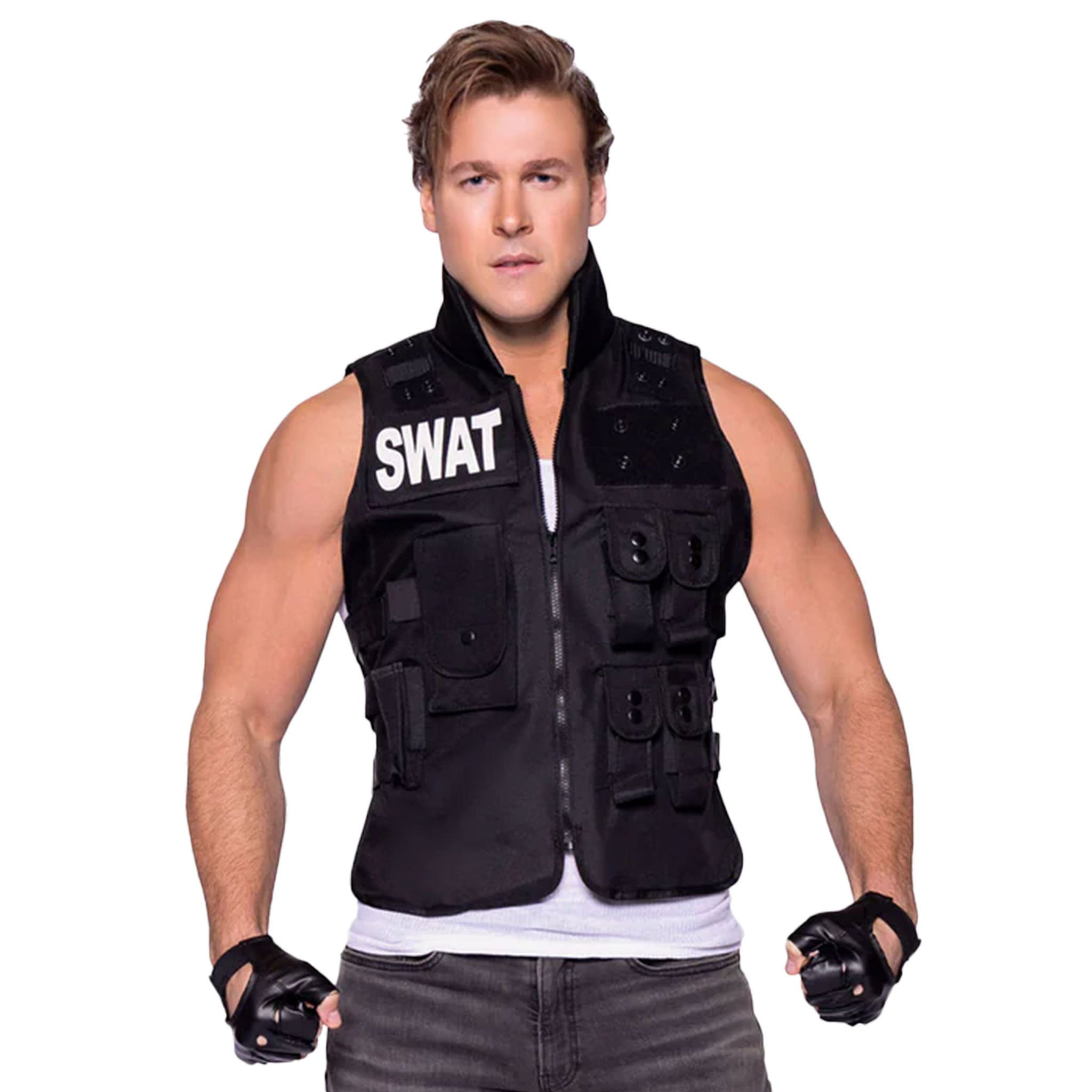 Velcro polyester nylon apparel costume costume-set utility-vest handgear gloves fingerless-gloves velcro-closure snap-button press-studs pockets adjustable-straps safety-buckle zipper front-zip full-zip rugged tactical sexy bondage bdsm bdsm-gear kink kinky kinkwear roleplay role-play uniform police SWAT-team commander SWAT costume costume-accessories cosplay halloween halloween-costumes male masculine masc mens menswear guys dudes black 