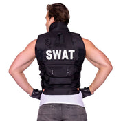 Velcro polyester nylon apparel costume costume-set utility-vest handgear gloves fingerless-gloves velcro-closure snap-button press-studs pockets adjustable-straps safety-buckle zipper front-zip full-zip rugged tactical sexy bondage bdsm bdsm-gear kink kinky kinkwear roleplay role-play uniform police SWAT-team commander SWAT costume costume-accessories cosplay halloween halloween-costumes male masculine masc mens menswear guys dudes black 