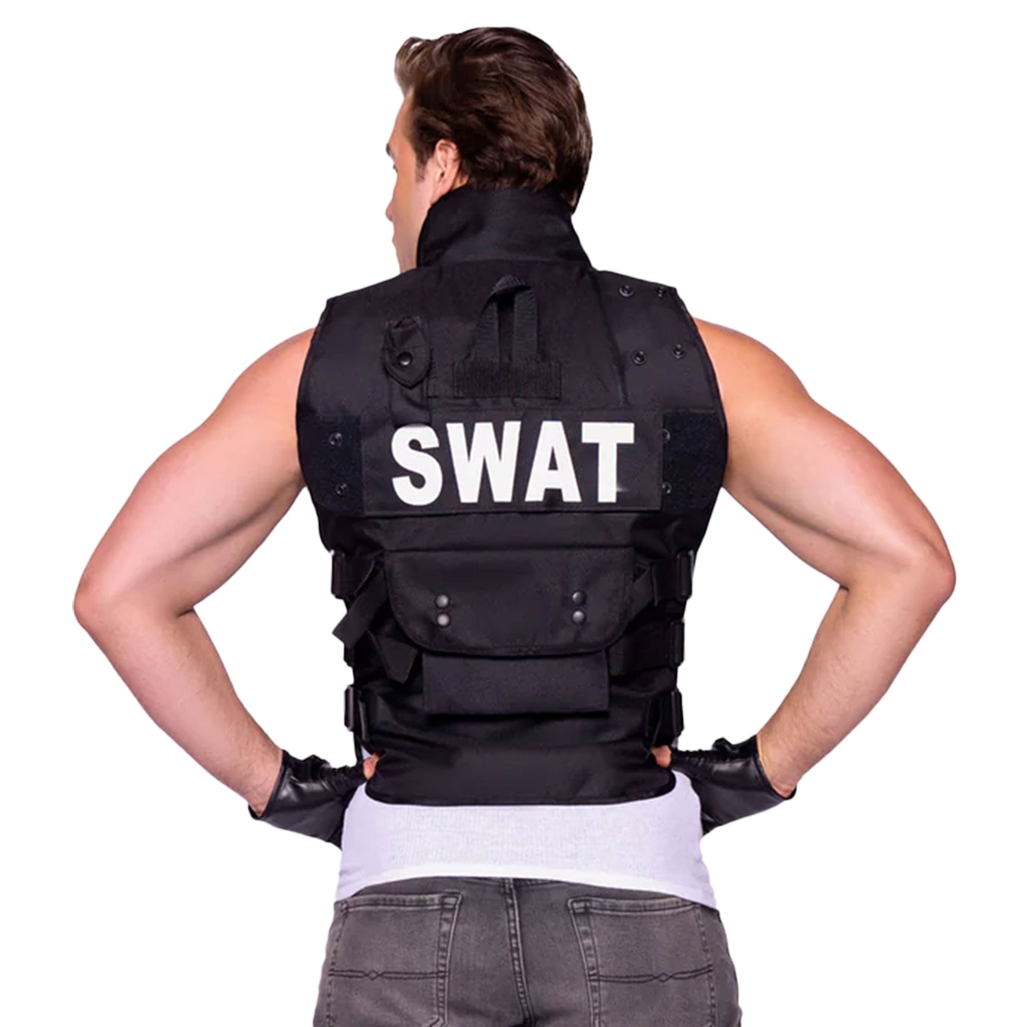 Velcro polyester nylon apparel costume costume-set utility-vest handgear gloves fingerless-gloves velcro-closure snap-button press-studs pockets adjustable-straps safety-buckle zipper front-zip full-zip rugged tactical sexy bondage bdsm bdsm-gear kink kinky kinkwear roleplay role-play uniform police SWAT-team commander SWAT costume costume-accessories cosplay halloween halloween-costumes male masculine masc mens menswear guys dudes black 