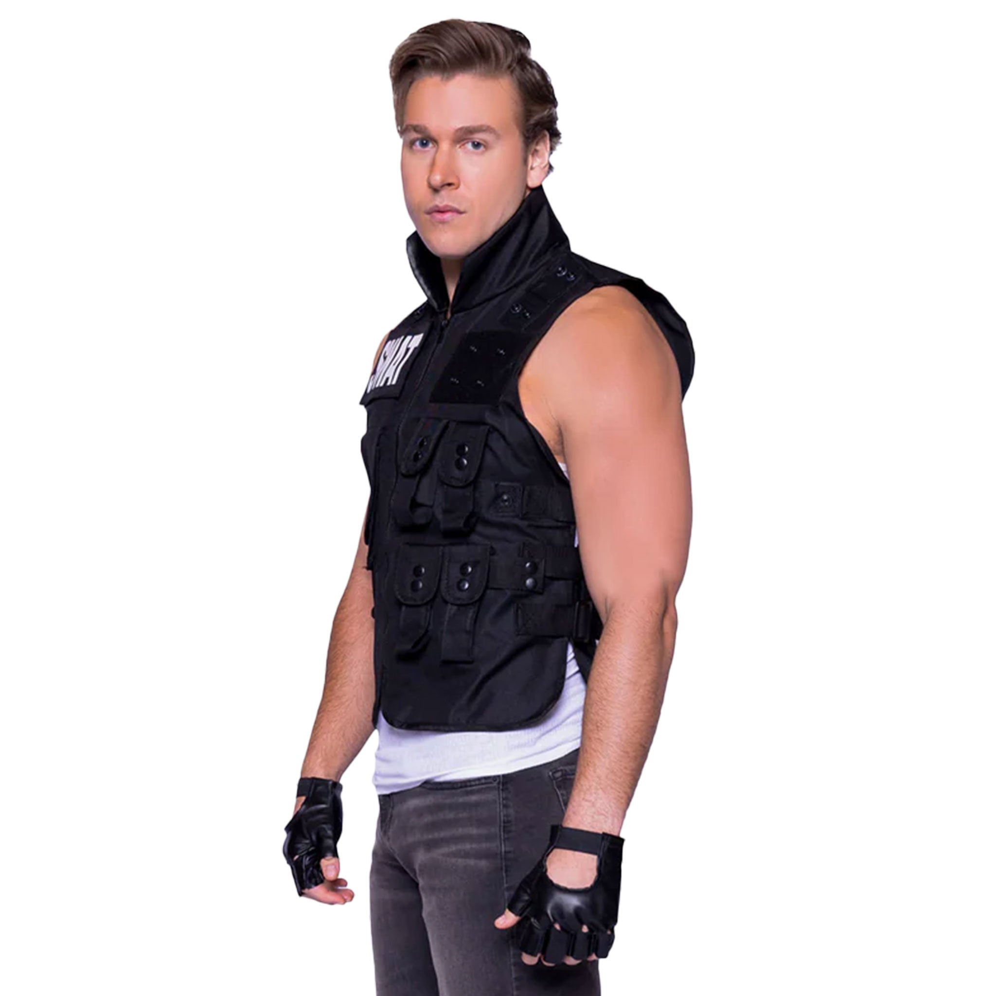 Velcro polyester nylon apparel costume costume-set utility-vest handgear gloves fingerless-gloves velcro-closure snap-button press-studs pockets adjustable-straps safety-buckle zipper front-zip full-zip rugged tactical sexy bondage bdsm bdsm-gear kink kinky kinkwear roleplay role-play uniform police SWAT-team commander SWAT costume costume-accessories cosplay halloween halloween-costumes male masculine masc mens menswear guys dudes black 
