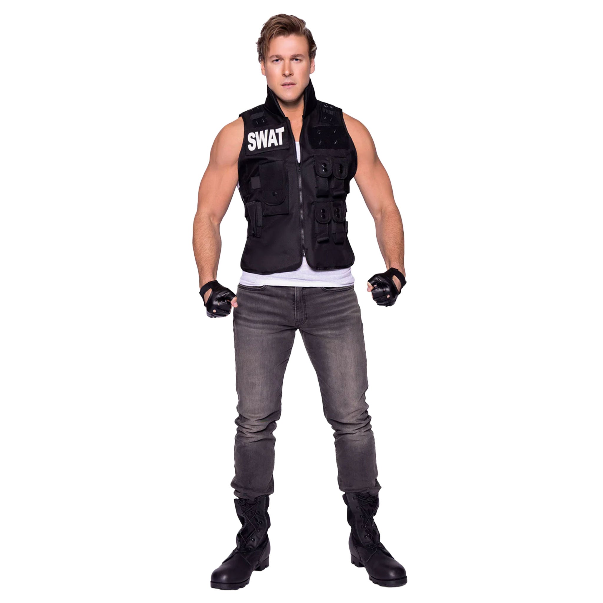 Velcro polyester nylon apparel costume costume-set utility-vest handgear gloves fingerless-gloves velcro-closure snap-button press-studs pockets adjustable-straps safety-buckle rugged tactical sexy bondage bdsm bdsm-gear kink kinky kinkwear roleplay role-play uniform police SWAT-team commander SWAT costume costume-accessories cosplay halloween halloween-costumes male masculine masc mens menswear guys dudes black 