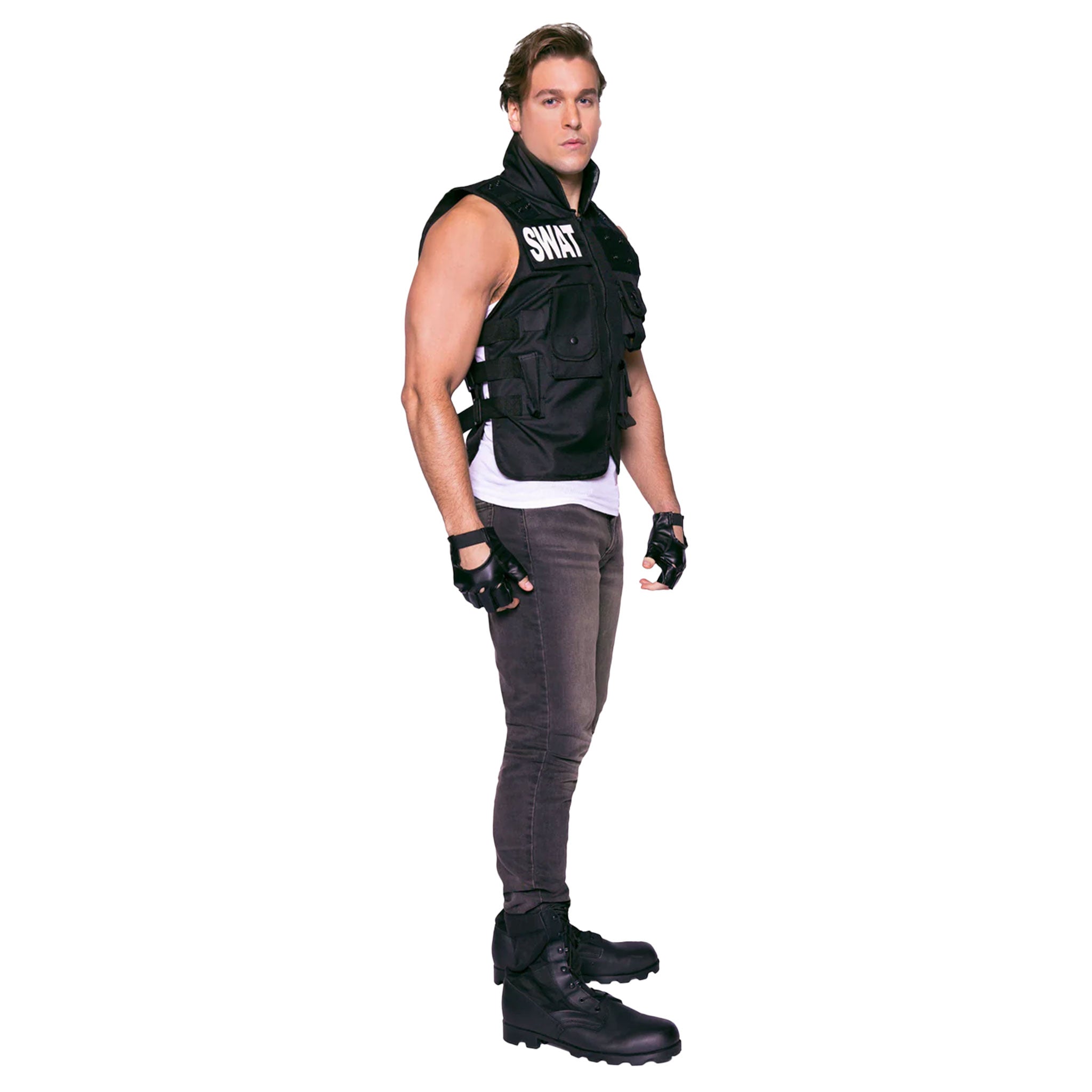 Velcro polyester nylon apparel costume costume-set utility-vest handgear gloves fingerless-gloves velcro-closure snap-button press-studs pockets adjustable-straps safety-buckle rugged tactical sexy bondage bdsm bdsm-gear kink kinky kinkwear roleplay role-play uniform police SWAT-team commander SWAT costume costume-accessories cosplay halloween halloween-costumes male masculine masc mens menswear guys dudes black 