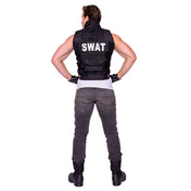 Velcro polyester nylon apparel costume costume-set utility-vest handgear gloves fingerless-gloves velcro-closure snap-button press-studs pockets adjustable-straps safety-buckle rugged tactical sexy bondage bdsm bdsm-gear kink kinky kinkwear roleplay role-play uniform police SWAT-team commander SWAT costume costume-accessories cosplay halloween halloween-costumes male masculine masc mens menswear guys dudes black 