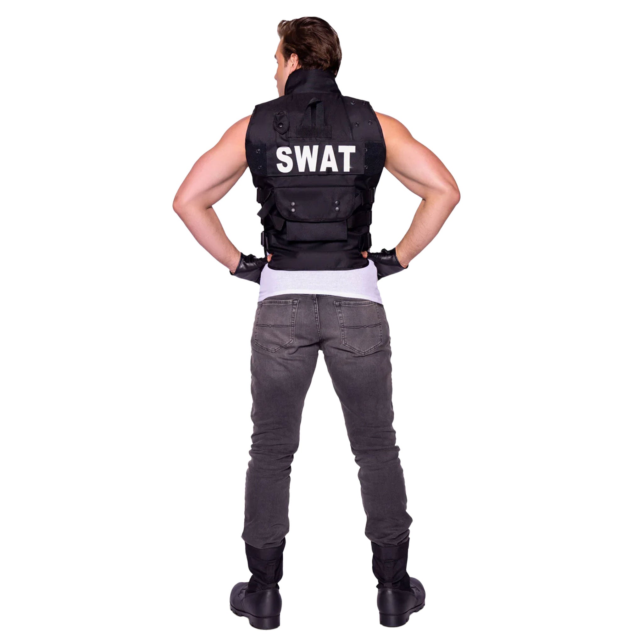 Velcro polyester nylon apparel costume costume-set utility-vest handgear gloves fingerless-gloves velcro-closure snap-button press-studs pockets adjustable-straps safety-buckle rugged tactical sexy bondage bdsm bdsm-gear kink kinky kinkwear roleplay role-play uniform police SWAT-team commander SWAT costume costume-accessories cosplay halloween halloween-costumes male masculine masc mens menswear guys dudes black 