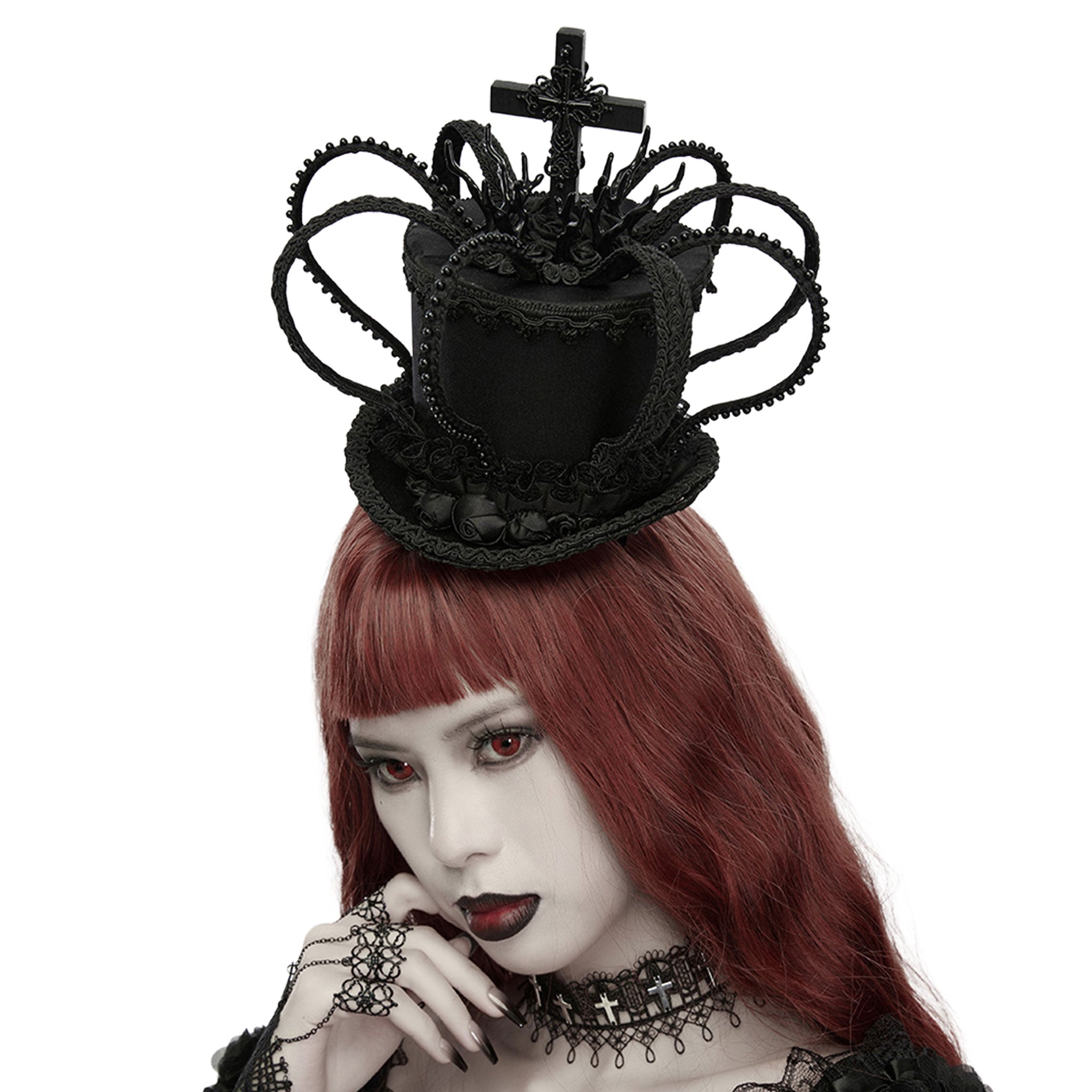 Wood polyamide polyester acrylic lace-trim accessories head-gear head-piece hairpins hair-band hat mini-hat fascinator top-hat crown cross beaded roses flames elegant hand-crafted adorned intricate secure seamless fashion alt-fashion alternative punk goth gothic dark-fashion festival lolita ouji boystyle aristocrat visual-kei queencore victorian steampunk costume cosplay halloween halloween-accessories chess afterdark-collection female femme feminine womens black