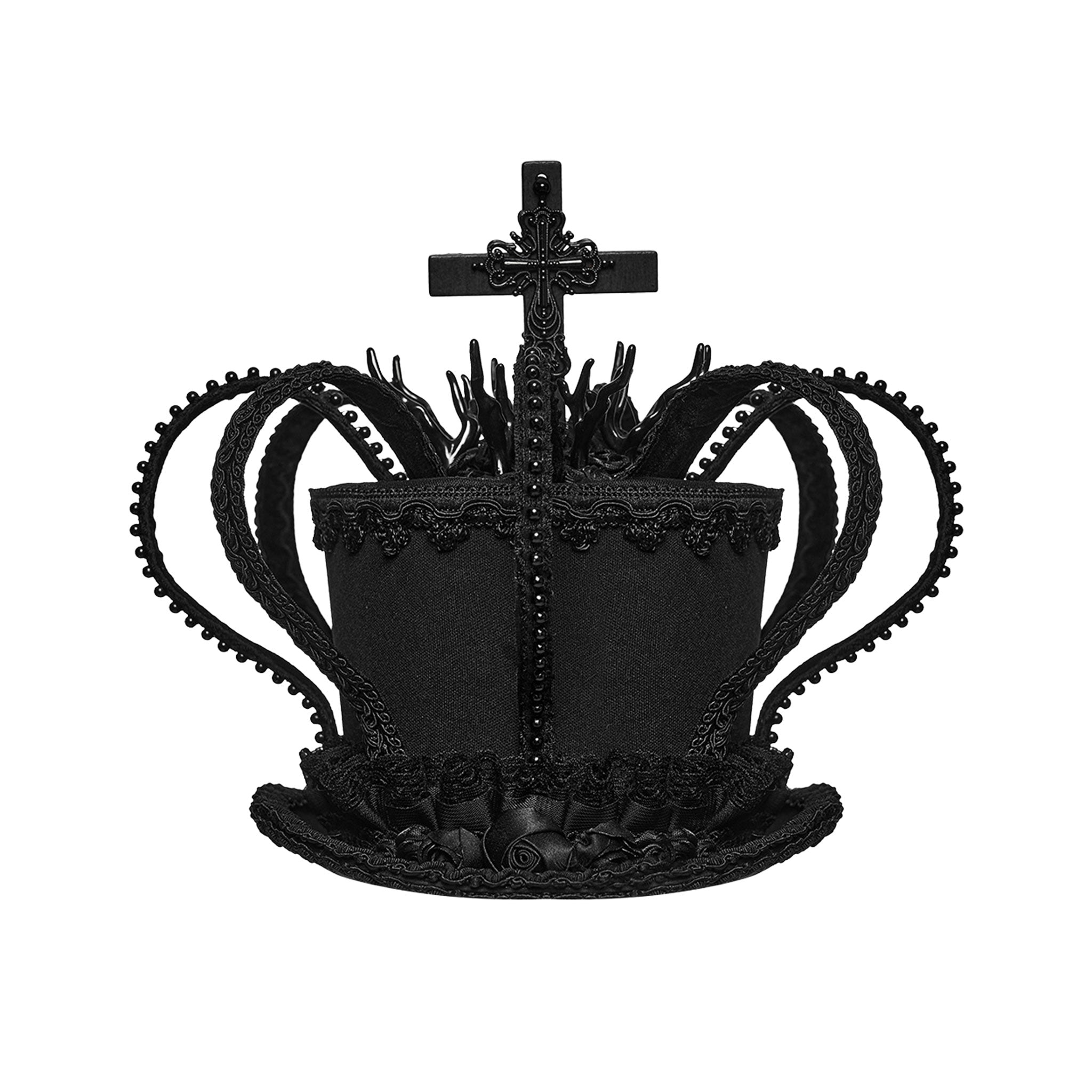 Wood polyamide polyester acrylic lace-trim accessories head-gear head-piece hairpins hair-band hat mini-hat fascinator top-hat crown cross beaded roses flames elegant hand-crafted adorned intricate secure seamless fashion alt-fashion alternative punk goth gothic dark-fashion festival lolita ouji boystyle aristocrat visual-kei queencore victorian steampunk costume cosplay halloween halloween-accessories chess afterdark-collection female femme feminine womens black