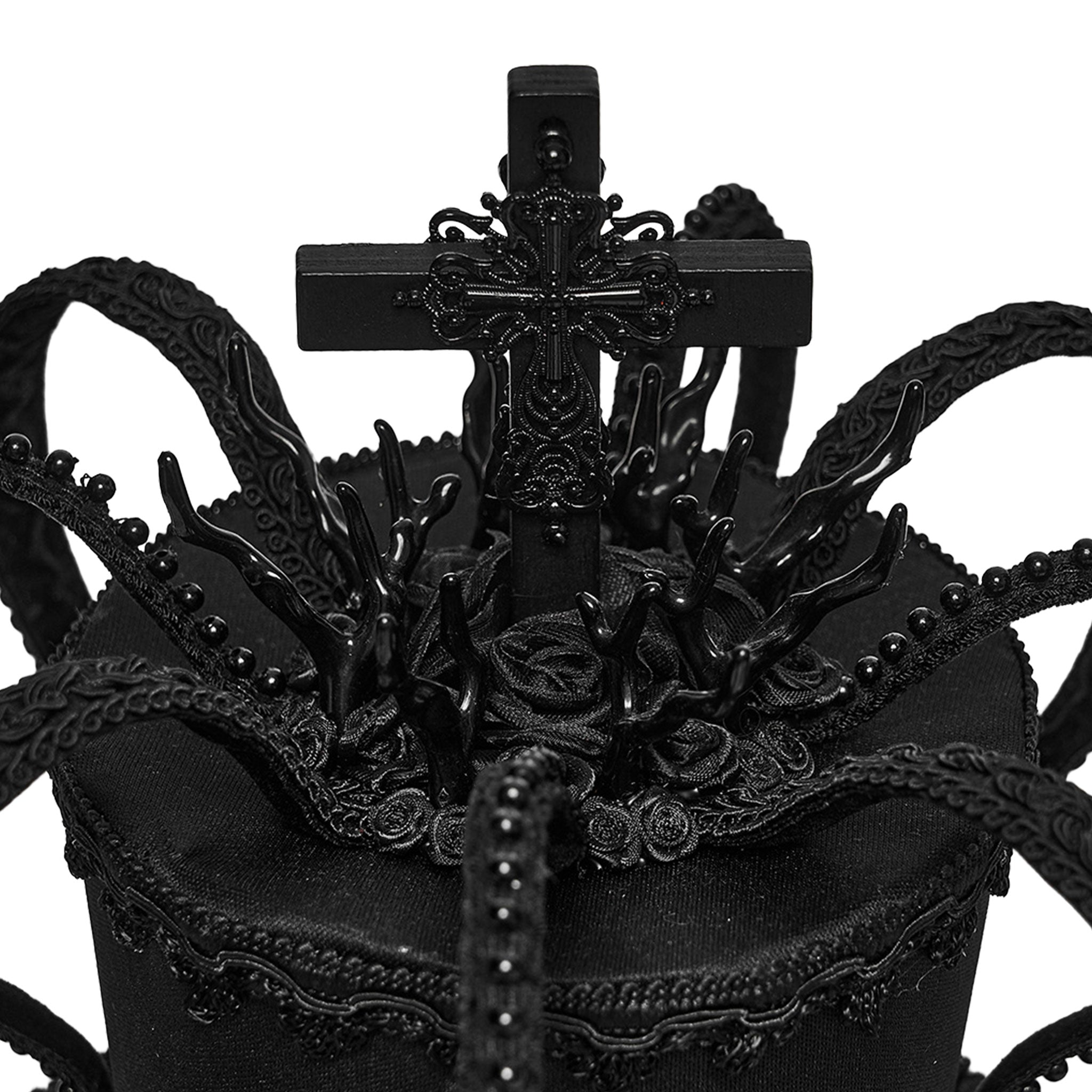 Wood polyamide polyester acrylic lace-trim accessories head-gear head-piece hairpins hair-band hat mini-hat fascinator top-hat crown cross beaded roses flames elegant hand-crafted adorned intricate secure seamless fashion alt-fashion alternative punk goth gothic dark-fashion festival lolita ouji boystyle aristocrat visual-kei queencore victorian steampunk costume cosplay halloween halloween-accessories chess afterdark-collection female femme feminine womens black