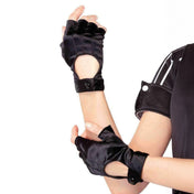 Polyester satin Velcro accessories gloves fingerless motorcycle-gloves back-closure Velcro-closure back-keyhole daring sexy sleek diy-costume costume cosplay halloween femme-fatale villainess brawler female femme feminine womens black
