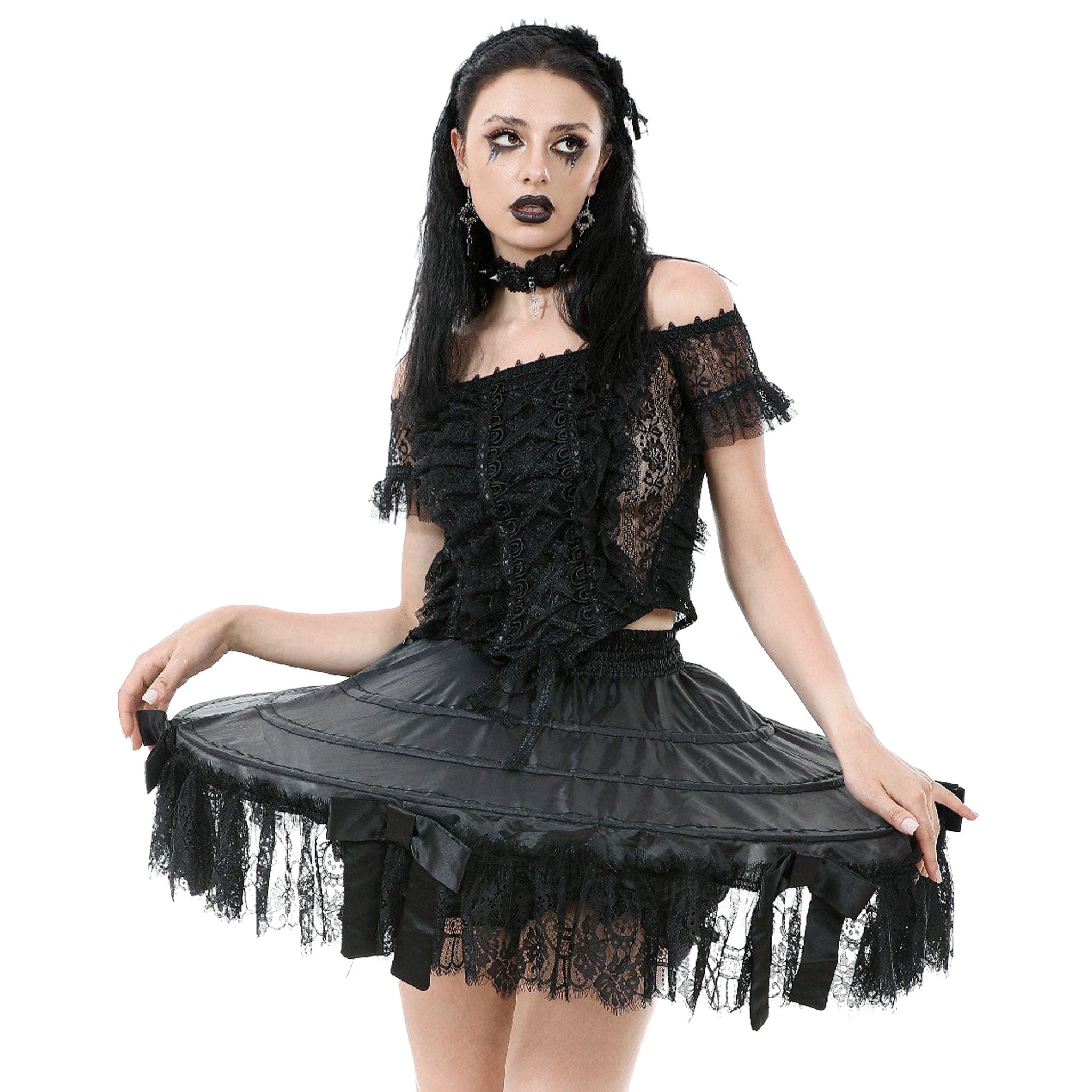 Polyester satin lace-trim crinoline apparel bottoms skirt hoop-skirt petticoat tutu structured-hoops tiered-hoops bell-shape retains-shape shape retention elastic-waistband metallic-boning satin-bow romantic volume dramatic comfortable fetish fashion alt-fashion alternative punk goth gothic gothic-doll uniform costume cosplay halloween halloween-couture halloween-accessories lolicon lolita ballet fairytale female femme feminine womens black