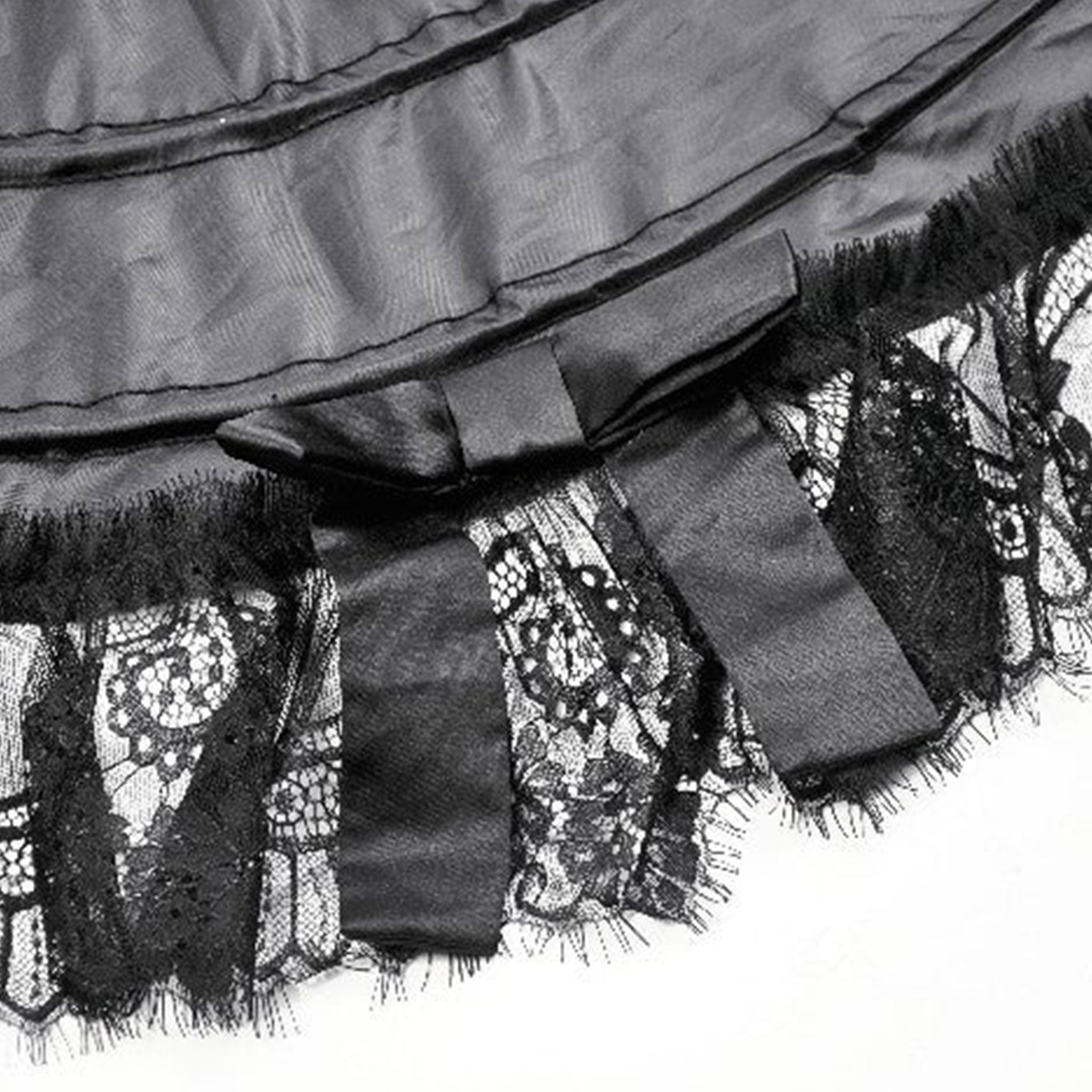 Polyester satin lace-trim crinoline apparel bottoms skirt hoop-skirt petticoat tutu structured-hoops tiered-hoops bell-shape retains-shape shape retention elastic-waistband metallic-boning satin-bow romantic volume dramatic comfortable fetish fashion alt-fashion alternative punk goth gothic gothic-doll uniform costume cosplay halloween halloween-couture halloween-accessories lolicon lolita ballet fairytale female femme feminine womens black
