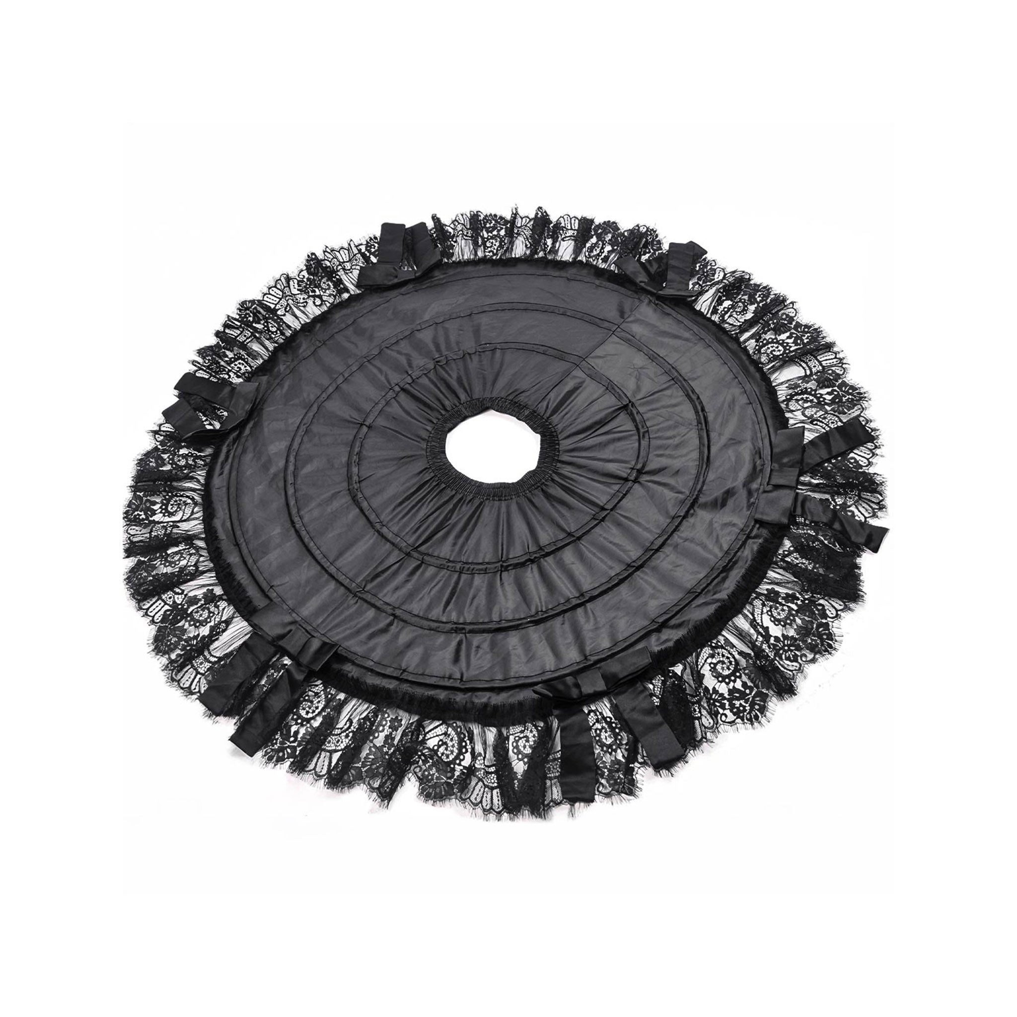Polyester satin lace-trim crinoline apparel bottoms skirt hoop-skirt petticoat tutu structured-hoops tiered-hoops bell-shape retains-shape shape retention elastic-waistband metallic-boning satin-bow romantic volume dramatic comfortable fetish fashion alt-fashion alternative punk goth gothic gothic-doll uniform costume cosplay halloween halloween-couture halloween-accessories lolicon lolita ballet fairytale female femme feminine womens black