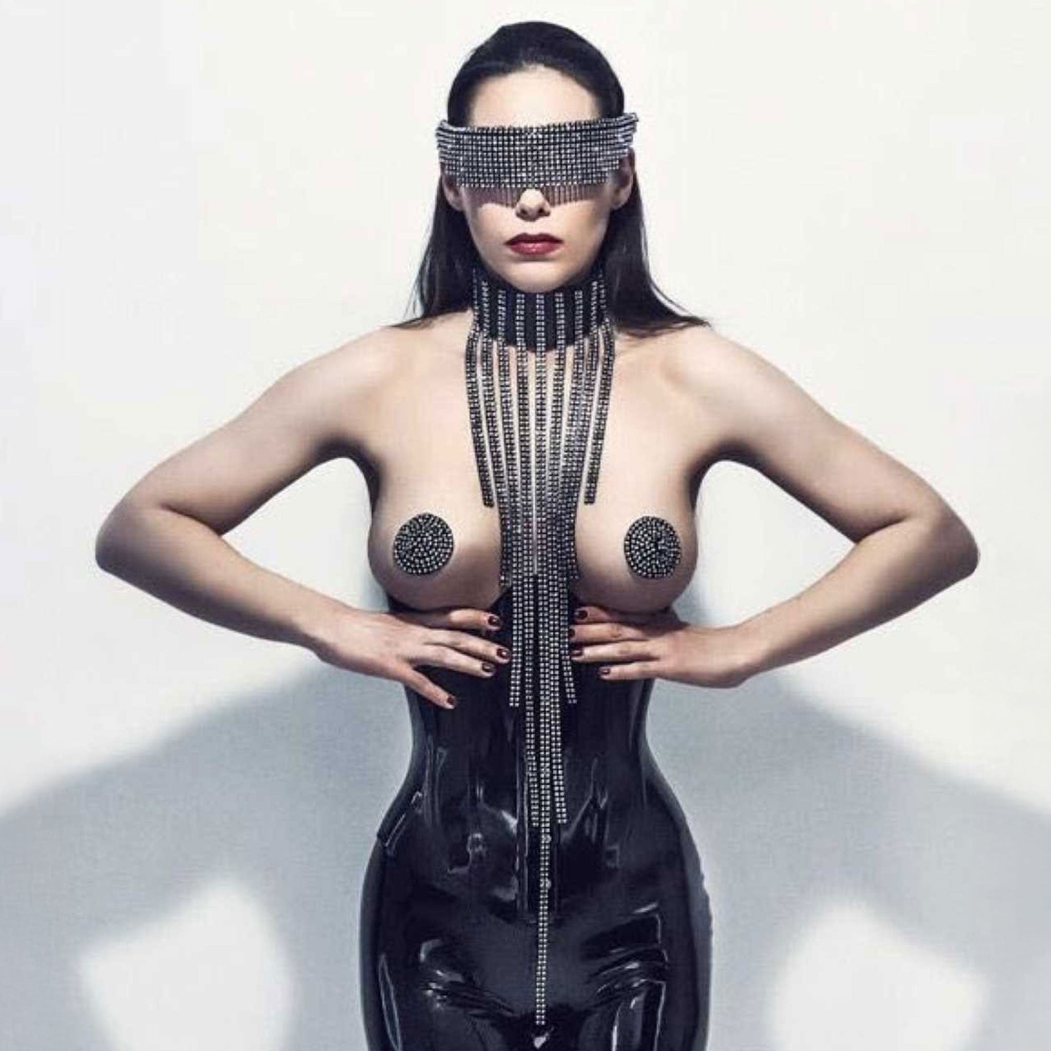 PVC vinyl top collar choker rhinestone fringe snap-button press-button bondage bdsm kinky kinky-play accessories fetish-fashion avant-garde fashion black