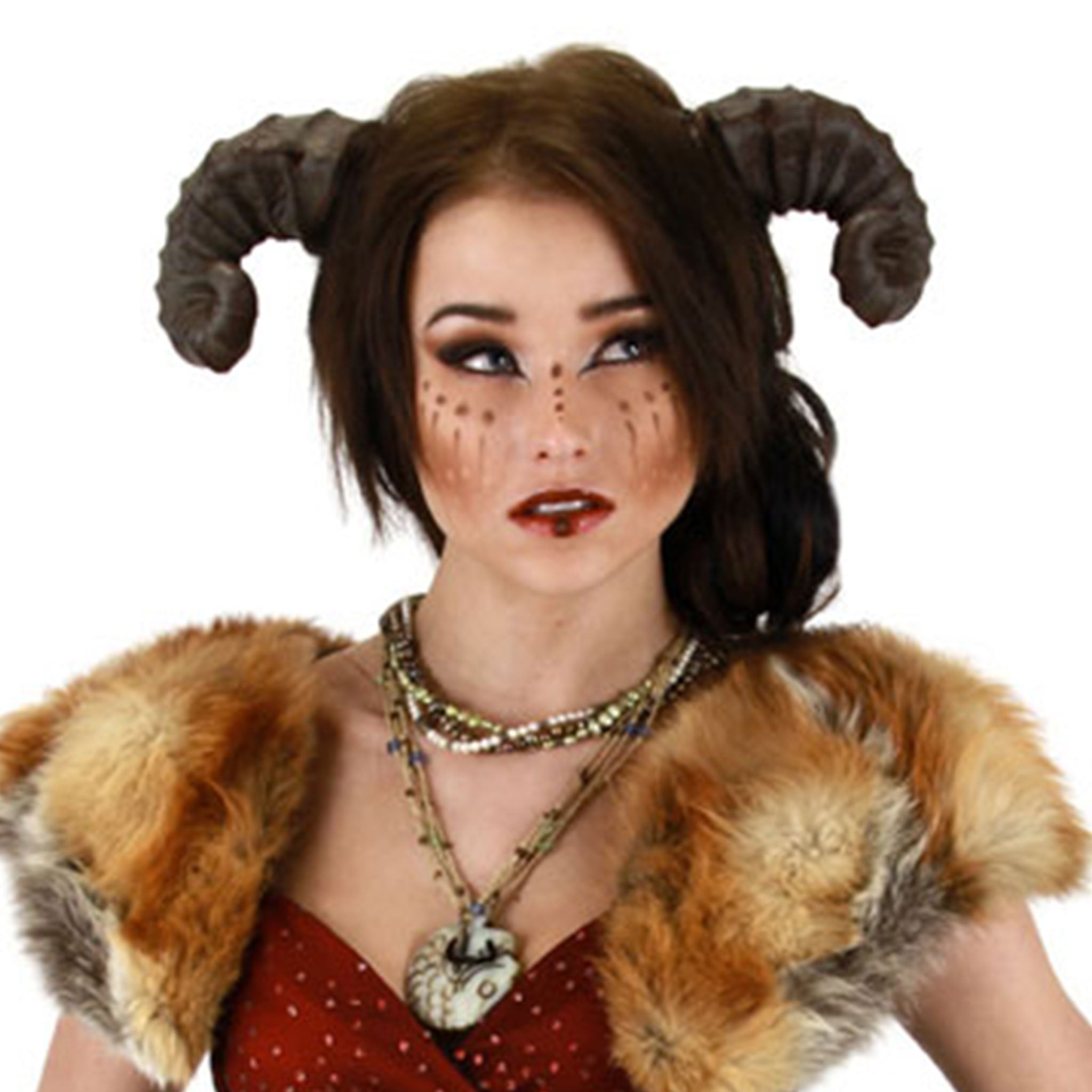 EVA-foam elastic GPPS-plastic plastic accessories head-gear horns curled short sturdy lightweight ribbed textured adjustable whimsical molded fashion alt-fashion alternative renfaire renaissance pet-play animal barnyard goat costume cosplay halloween halloween-accessories satyr faun dragon demon unisex brown