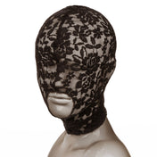Nylon spandex elastane lace floral-pattern sheer mesh transparent hood mask depersonalization depersonalize open-mouth mysterious identity sensual sensuality breathable soft stretchy comfortable accessible intrigue fantasy versatile sensory sensation sophisticated sophistication intimates bdsm bondage bdsm-toys kink kinky kinky-play costume cosplay halloween unisex adult-toys black