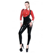 Latex medium-weight mediumweight heavyweight heavy-weight thick rubber bottoms leggings pants skinny-leg one-piece onesie overalls suspenders scoop high-waist hi-waist high-waisted O-ring adjustable shoulder-straps suspender-slides toothed-slides pullon pull-on back-zip zipper three-quarter-zip concealed-zip tight-fit fashionable versatile catwalk-fashion fetish fashion bdsm-fashion dungeon halloween female femme feminine womens black