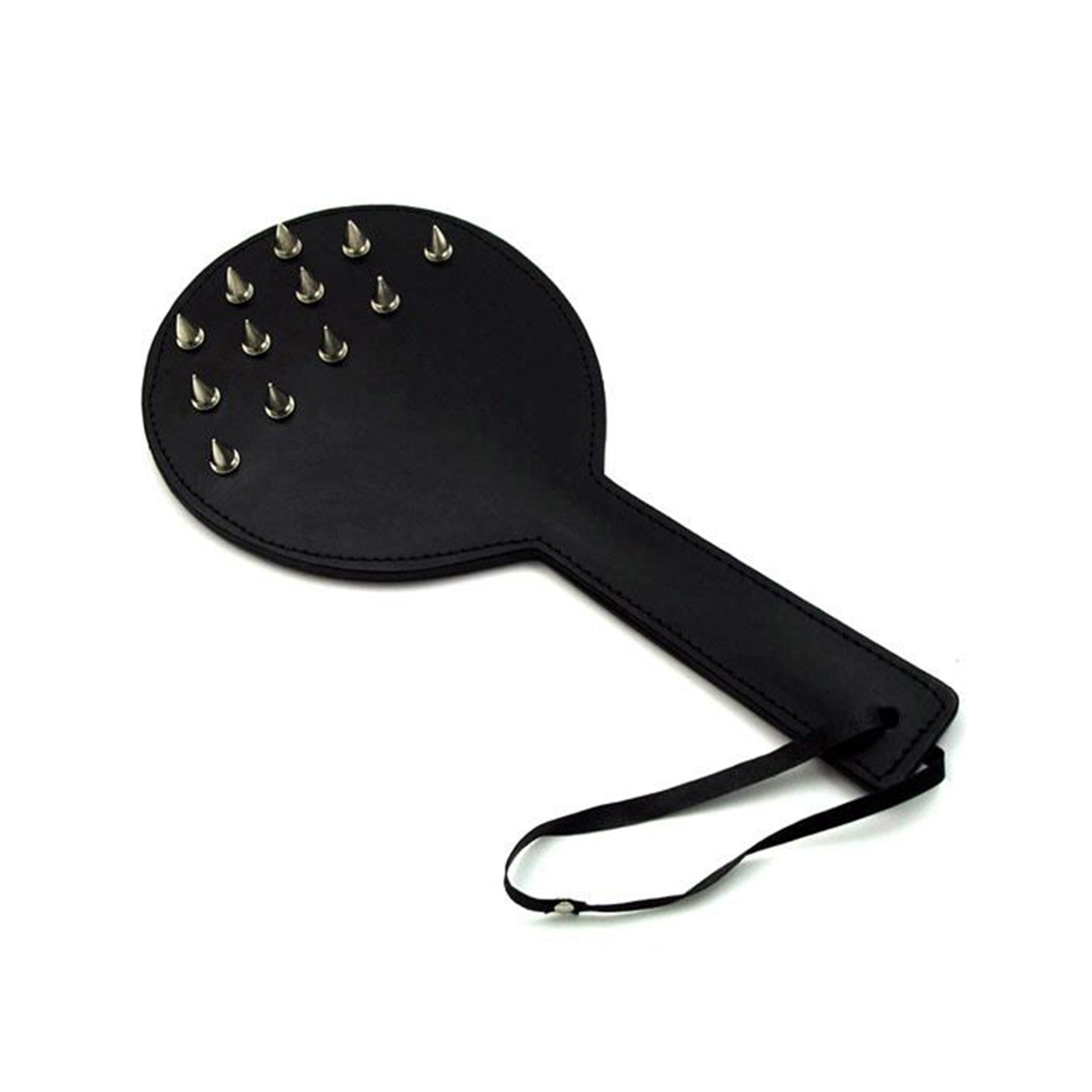 leather scratch paddle with steel spikes, BDSM spike paddle, rigid impact paddle, paddle with smooth side, dungeon spanking accessory, fetish marking paddle