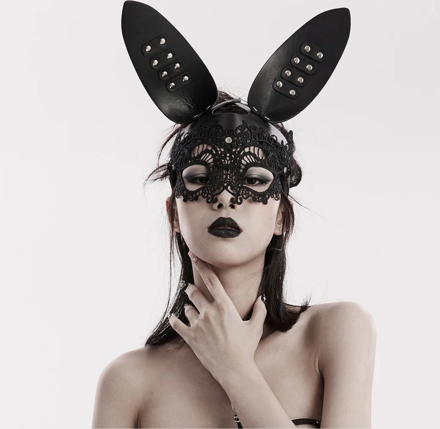 Studded Bunny Ears Mask & Lace Eyes – Black – Sexy fetish bunny ears with studs and lace eyes, BDSM, and roleplay accessories