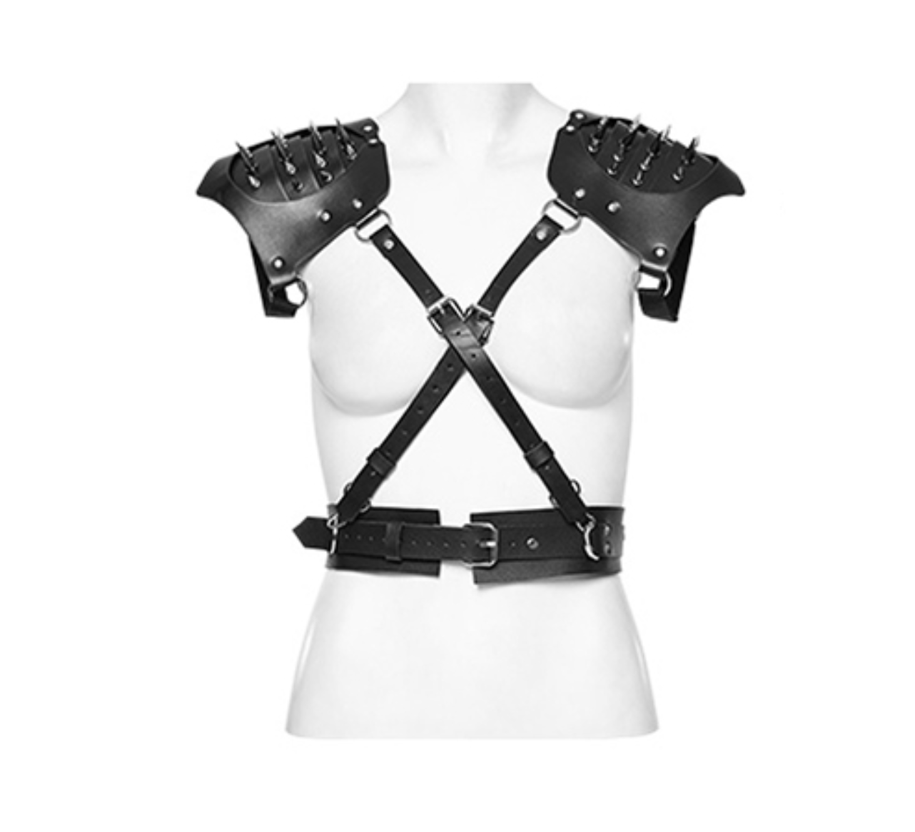 Spiked Shoulders Warrior Armor Body Harness – Black – Fetish body harness with spiked shoulder pads and rugged armor details, BDSM and cosplay fashion