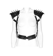 Spiked Shoulders Warrior Armor Body Harness – Black – Fetish body harness with spiked shoulder pads and rugged armor details, BDSM and cosplay fashion