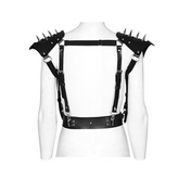 Spiked Shoulders Warrior Armor Body Harness – Black – Fetish body harness with spiked shoulder pads and rugged armor details, BDSM and cosplay fashion