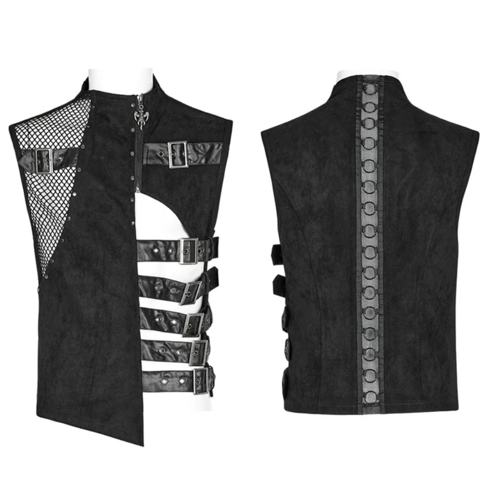 Buckled One Asymmetrical Side Mesh Vest – Suede, leather, and mesh vest with buckles and O-ring detailing – Edgy gothic fashion vest