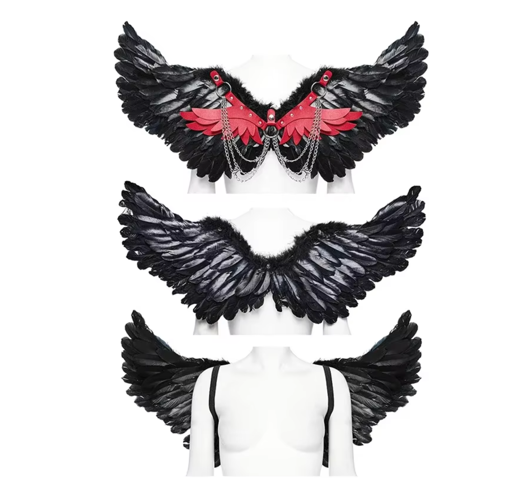 Feather wings harness black and red, sexy harness with chains and feathers, gothic angel wings costume accessory, feathered wings harness for festivals, black and red feather wings with chain details.