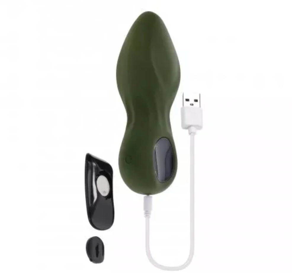 Green vibrating anal plug with 8 speeds and patterns, tapered tip for easy insertion, remote control with 30' range, USB rechargeable, waterproof, body-safe silicone.