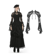 Shoulder Puff Gothic Lace Bell Sleeve Shrug | Gothic lace cape for women | Sheer black lace shrug | Trumpet sleeve gothic cape | Dark vintage lace shrug with lace-up collar