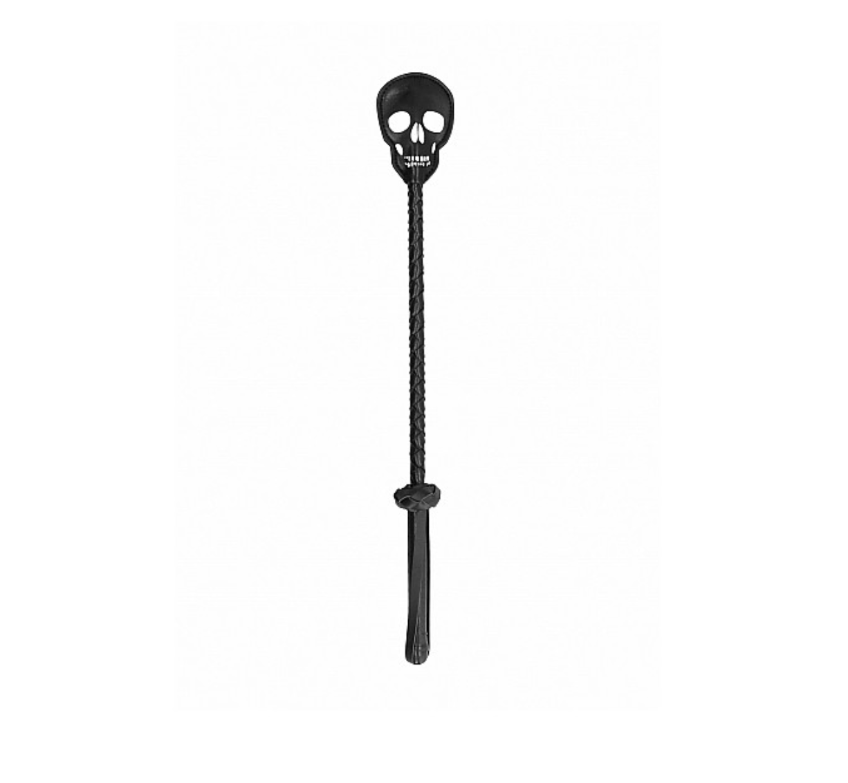 Skull face crop, black leather whip, BDSM dominator tool, spanking crop, skull head crop, fetish accessory, leather bondage tool, compact whip, fetish factory accessories, skull-shaped crop head, domination toy, BDSM whip.