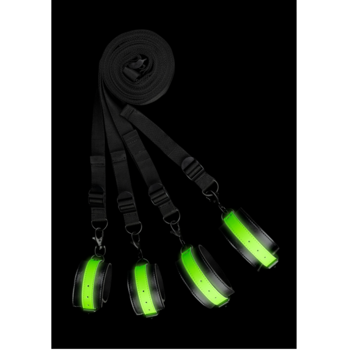 Bed restraint kit glow in the dark, green glow bed restraints, adjustable under-bed straps, glowing BDSM kit, bondage play, durable nylon straps.