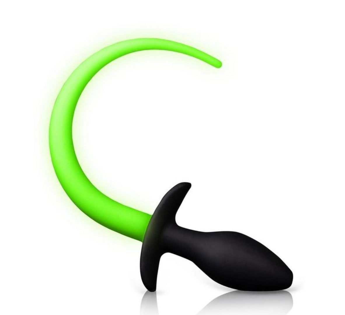 Puppy tail plug glow in the dark, green glow tail plug, silicone puppy plug, glow-in-the-dark butt plug, playful BDSM, silicone tail plug, green plug with tail