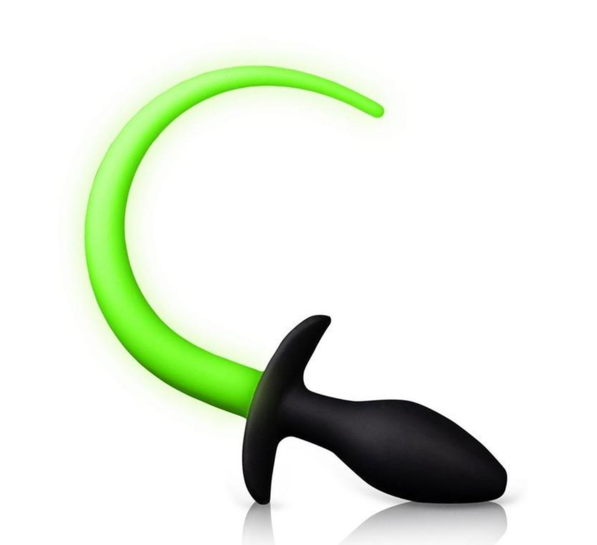 Puppy tail plug glow in the dark, green glow tail plug, silicone puppy plug, glow-in-the-dark butt plug, playful BDSM, silicone tail plug, green plug with tail