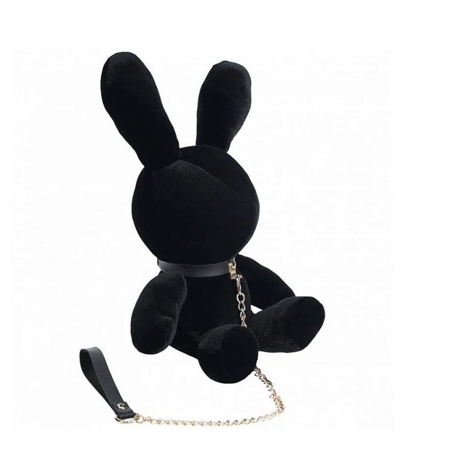 Black velvet bondage bunny with leash, plush bunny toy, bondage accessory, playful kink