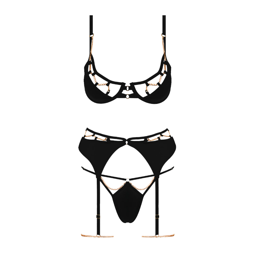 Evangeline Satin & Chain Bra Garter and G String Set